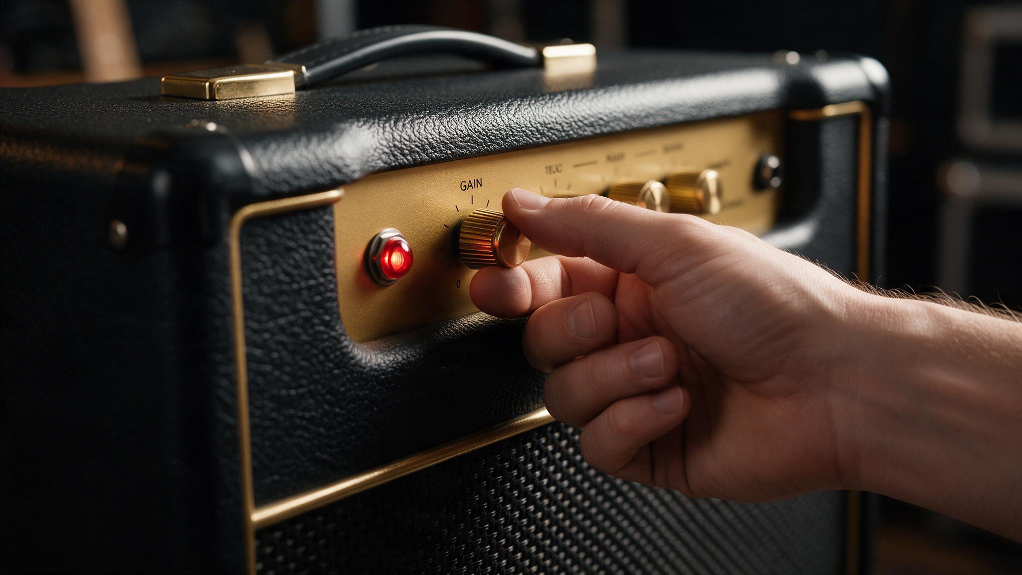 Guitariste réglant le gain d'un combo à lampes de style britannique dans un studio