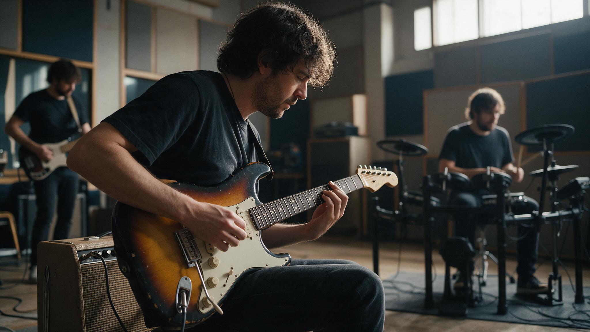 Groupe de rock en répétition avec guitariste branché sur un ampli à lampes et batteur au fond