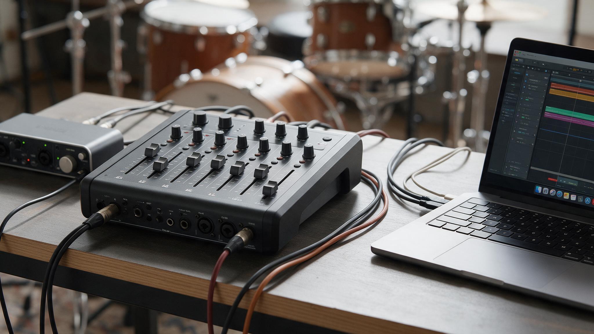 Module de batterie électronique relié à une interface audio et un ordinateur sur un bureau de studio