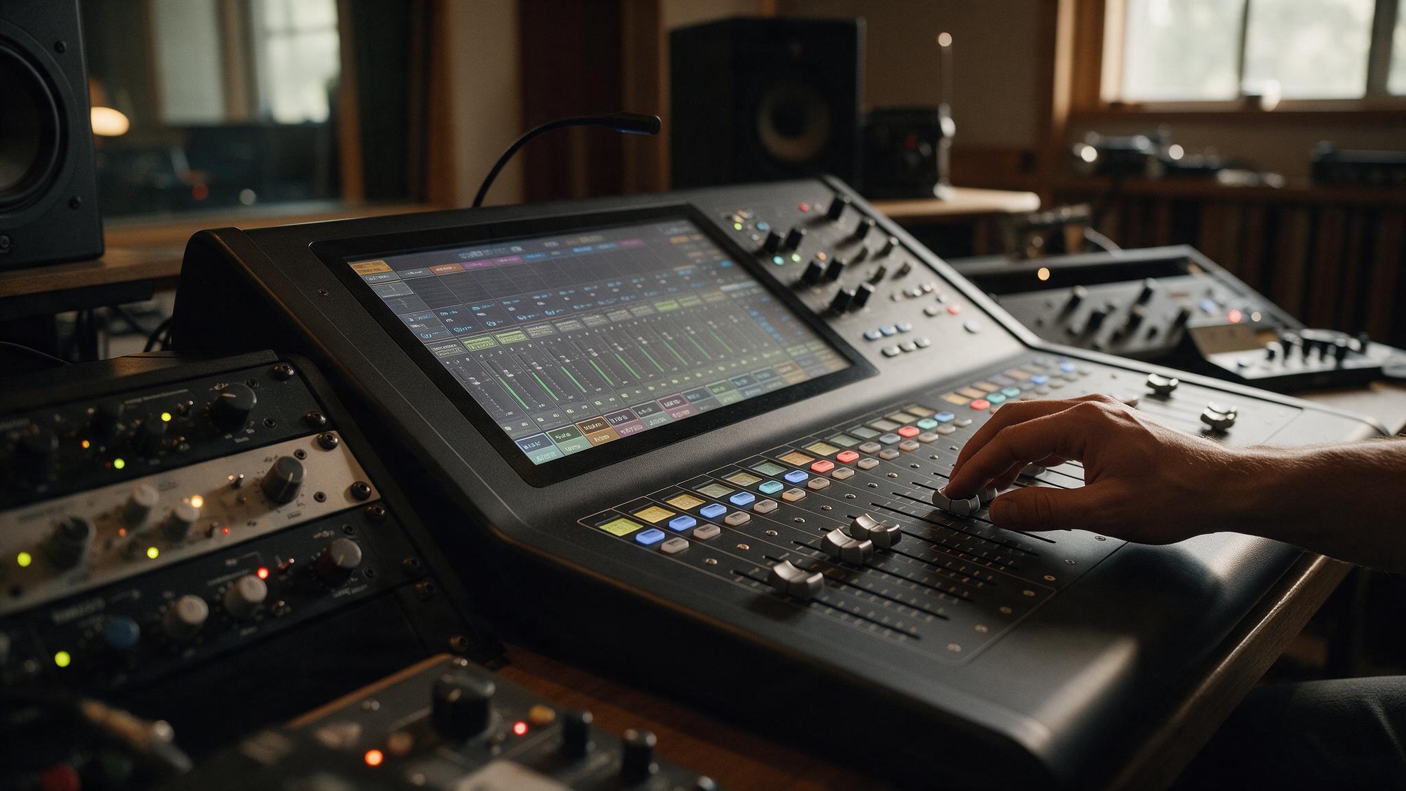 Console numérique tactile et préamplis micro rack dans un studio d'enregistrement live