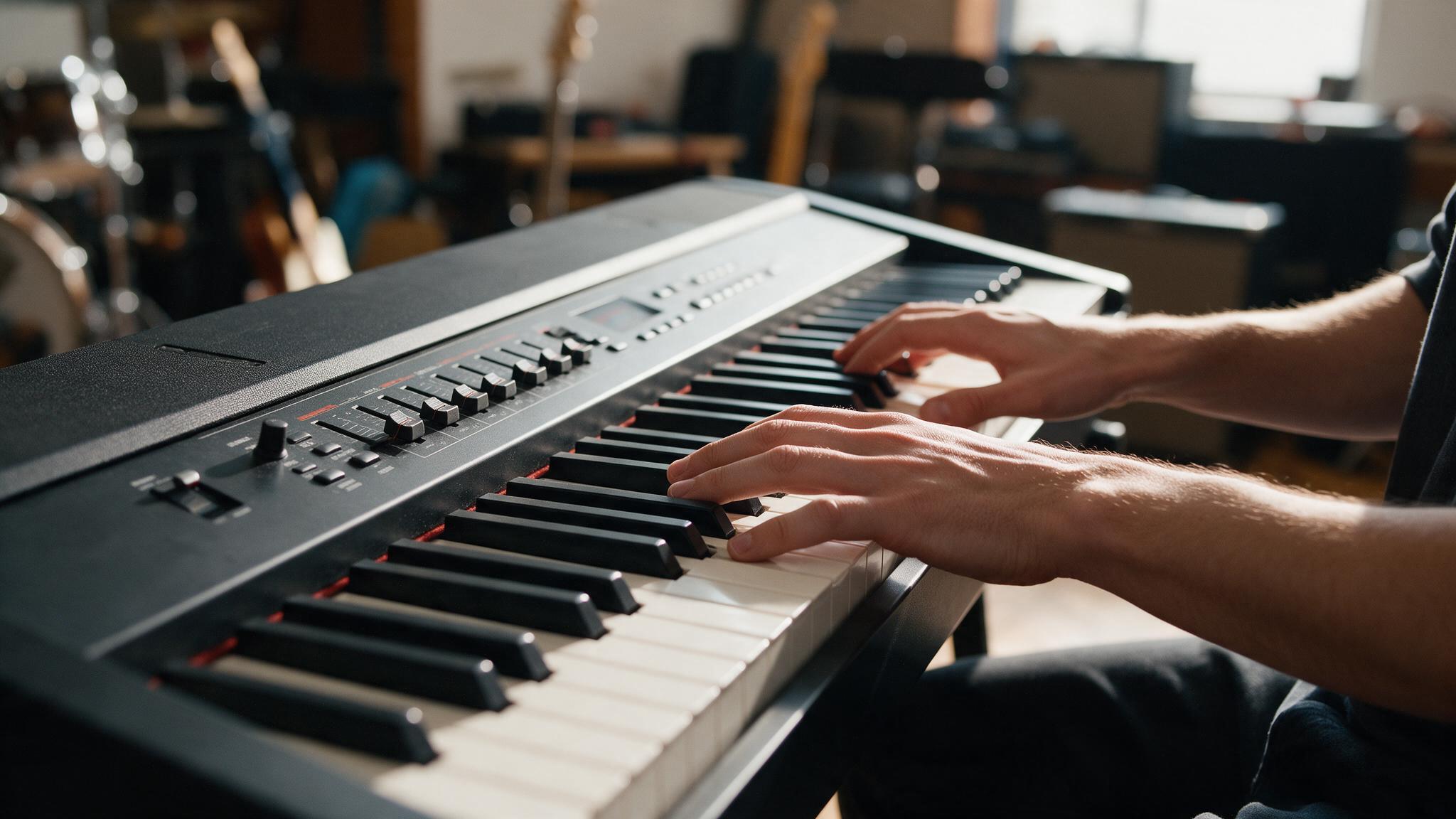 Mains d'un claviériste sur un piano de scène 88 touches, tirettes et faders visibles sur la façade