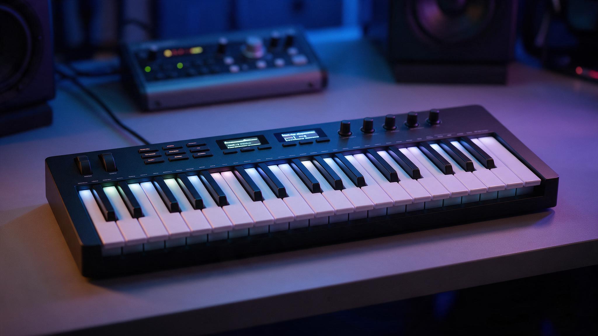 Contrôleur MIDI 61 touches à deux écrans couleur posé dans un studio d'enregistrement éclairé en violet