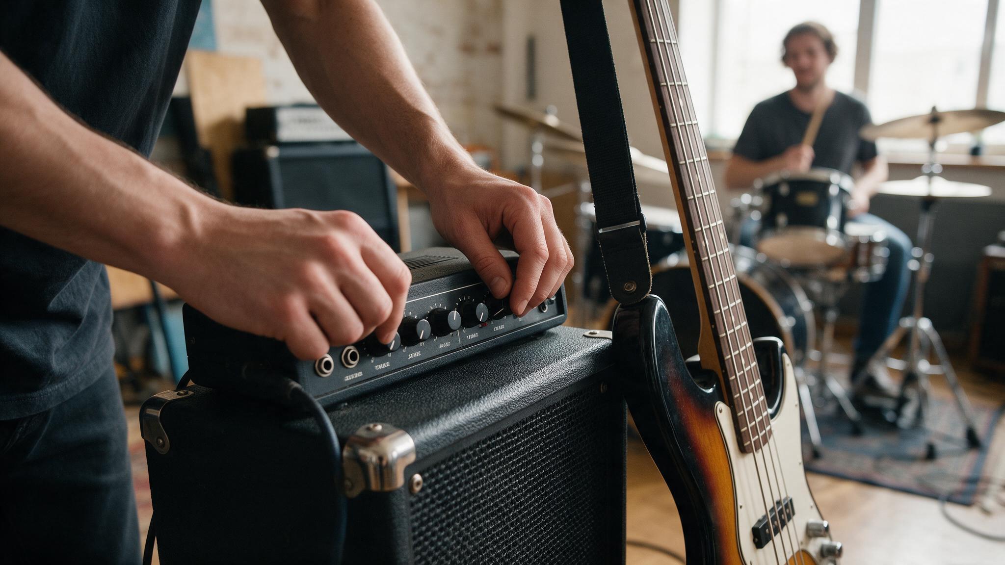 Bassiste réglant les potentiomètres d'une tête d'ampli basse en répétition