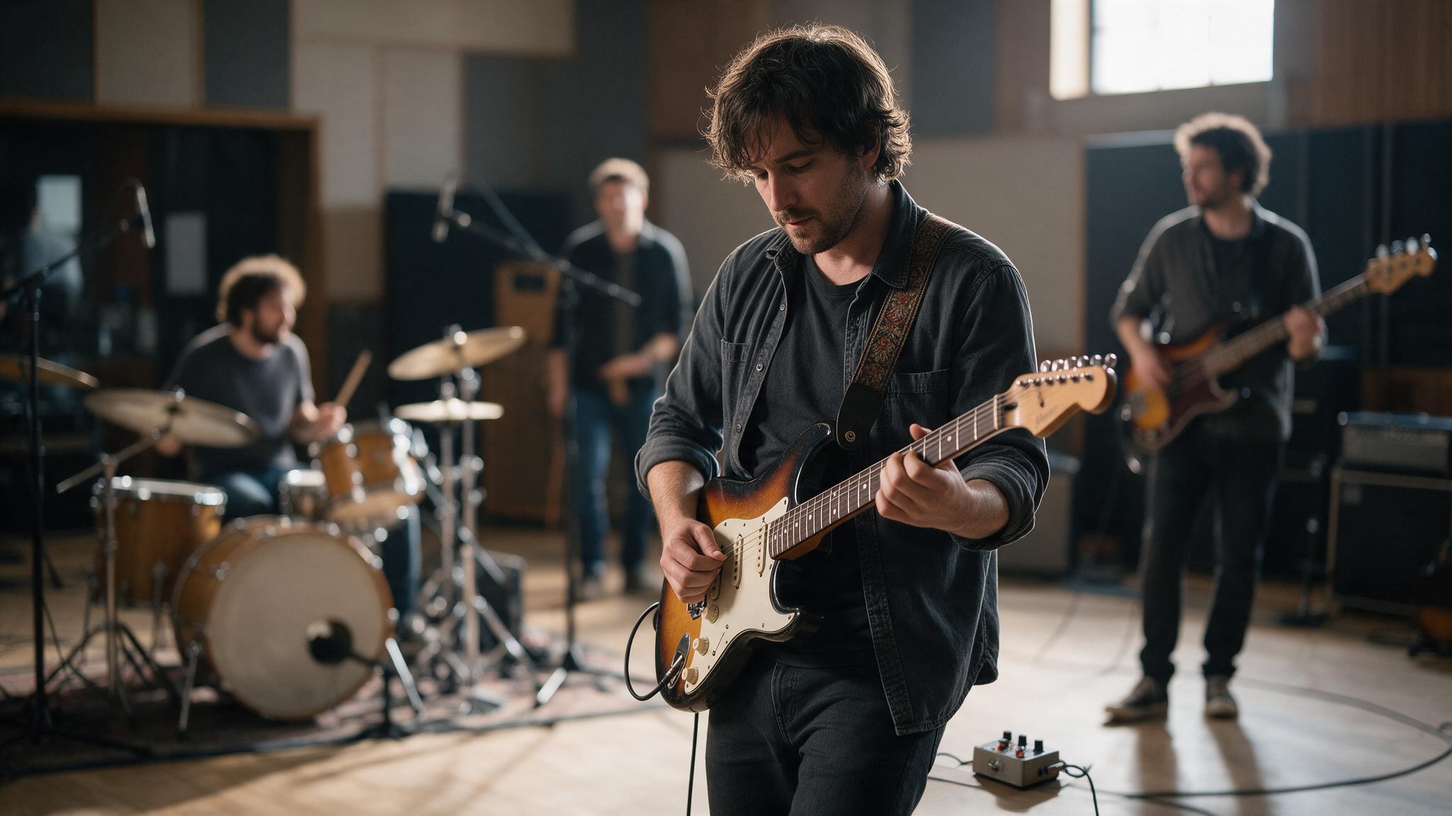 Groupe de quatre musiciens en répétition, guitariste au premier plan avec une pédale d'effets à ses pieds