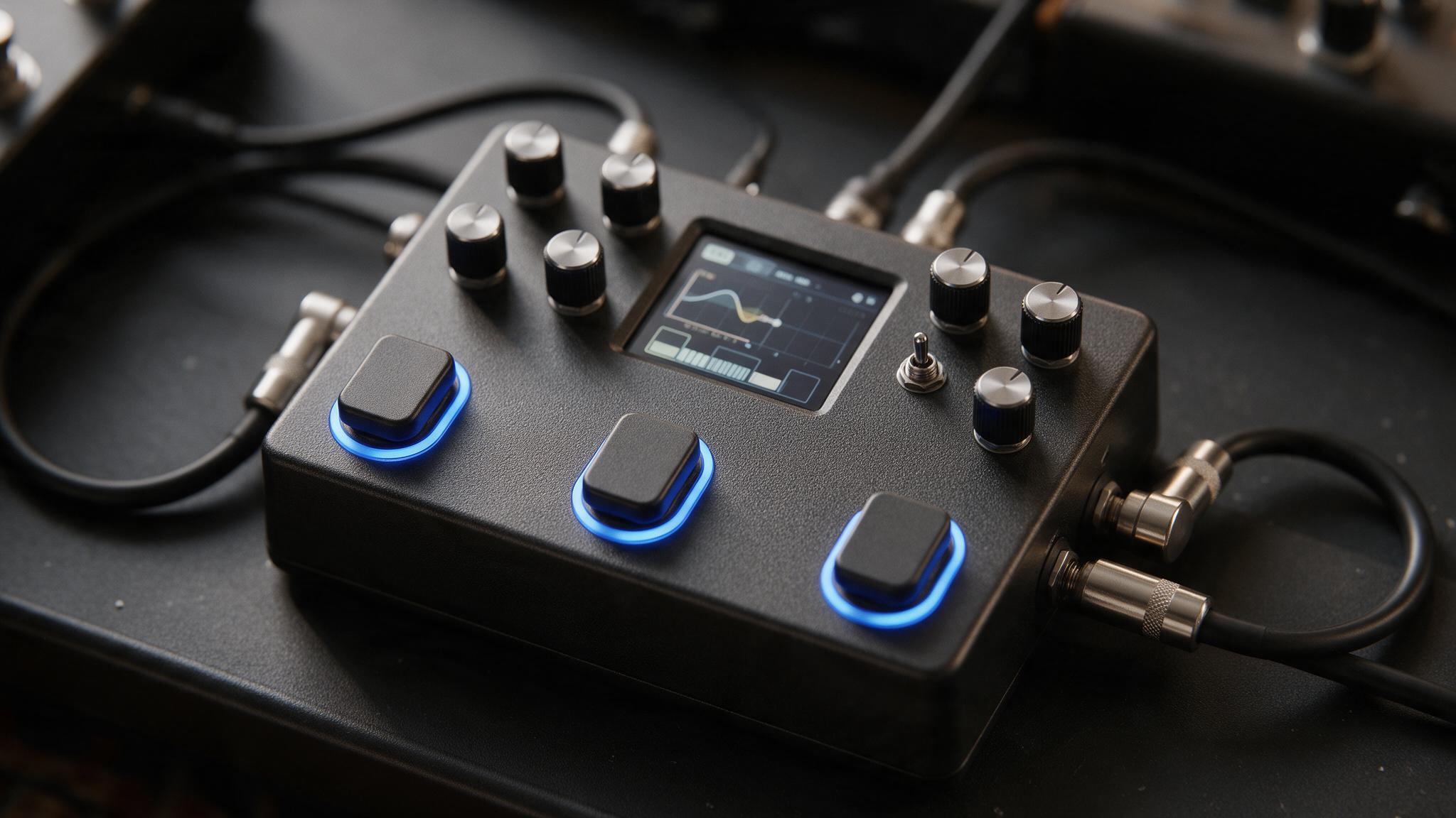 Gros plan sur un multi-effets compact avec écran couleur, trois footswitches à LED et câbles jack branchés