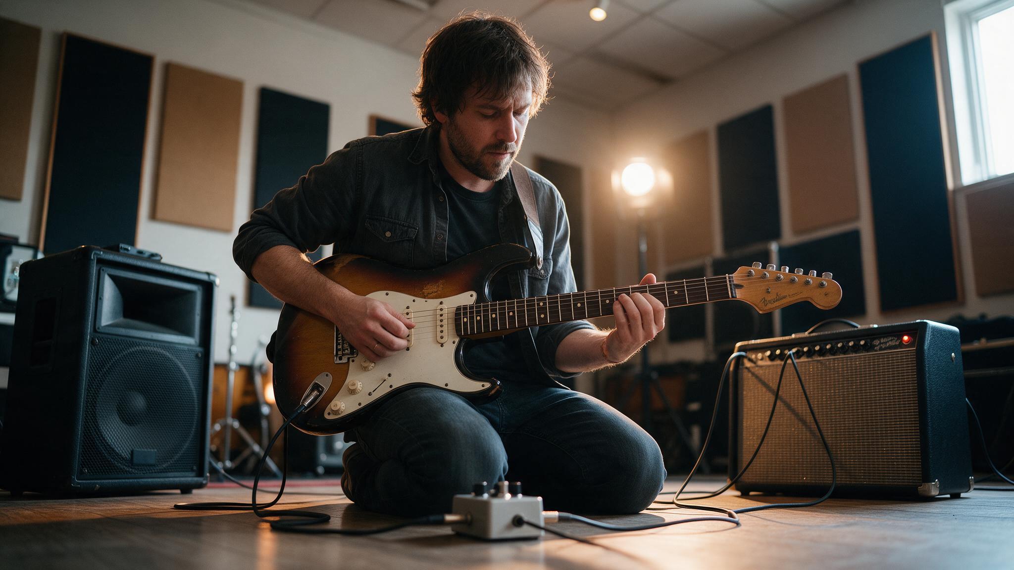 Guitariste en répétition avec un petit pédalier relié à un ampli à lampes et une enceinte de sonorisation