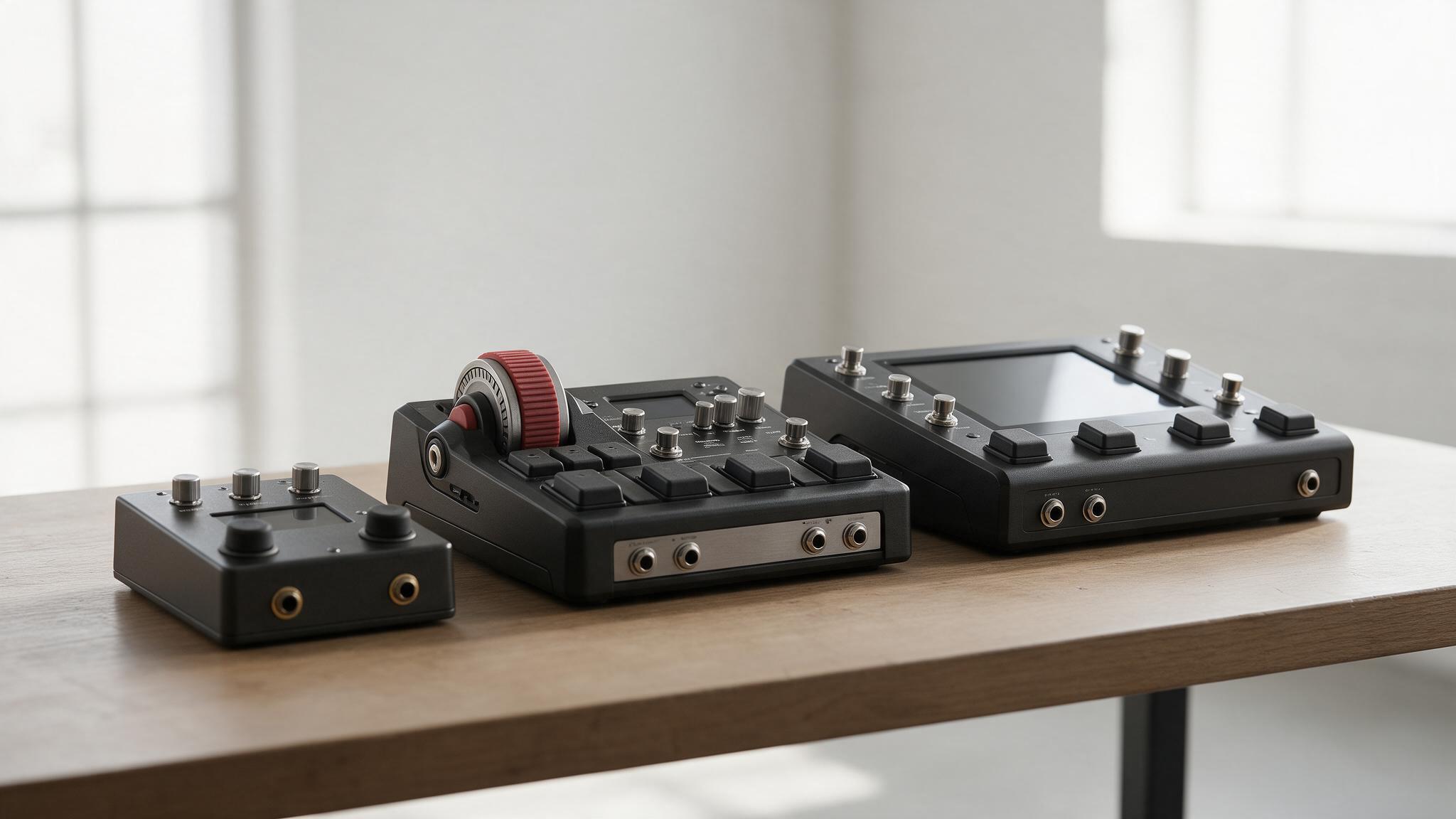 Plusieurs multi-effets guitare de tailles différentes alignés sur une table, du plus compact au plus grand