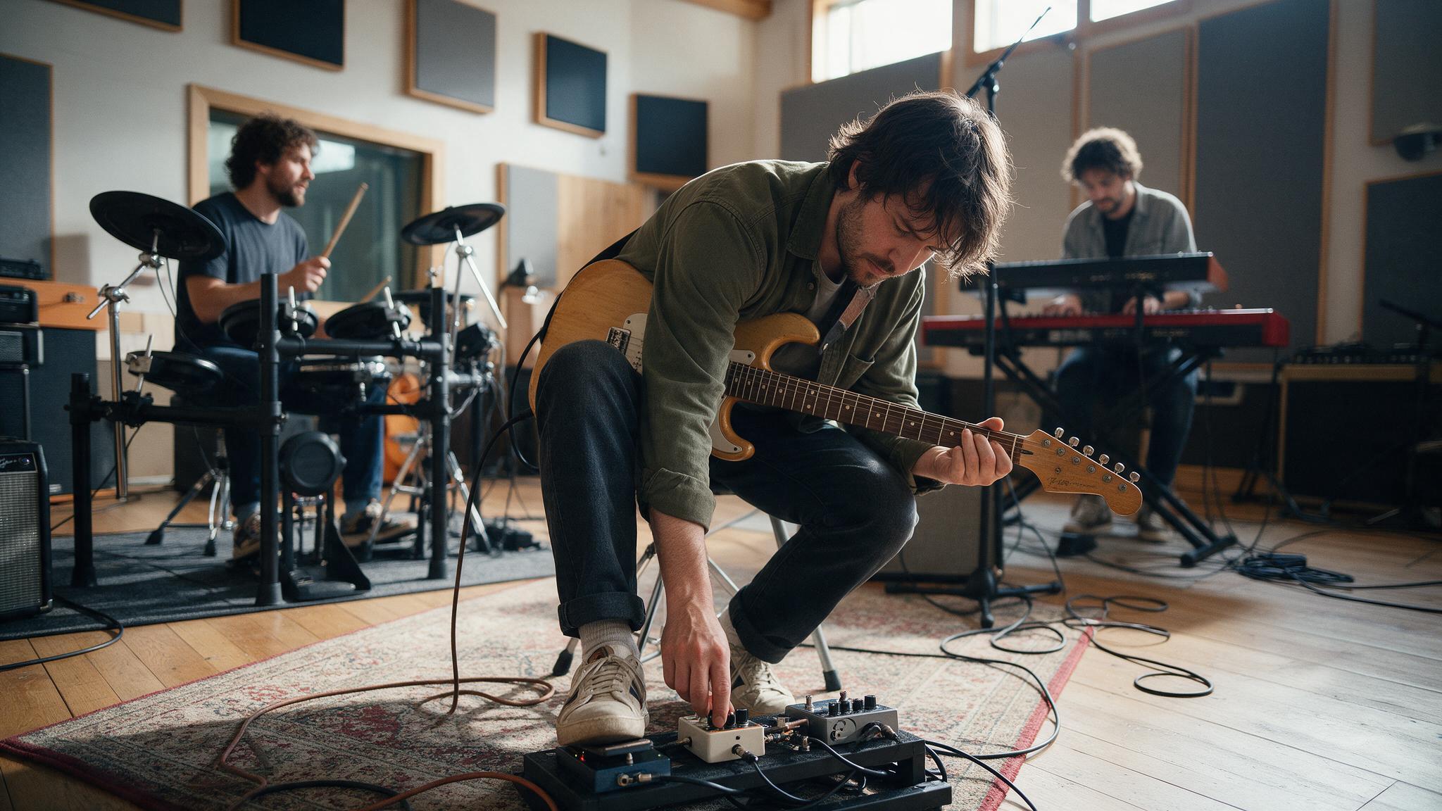 Groupe en répétition dans un studio insonorisé, guitariste réglant son pédalier au pied devant batteur et clavier