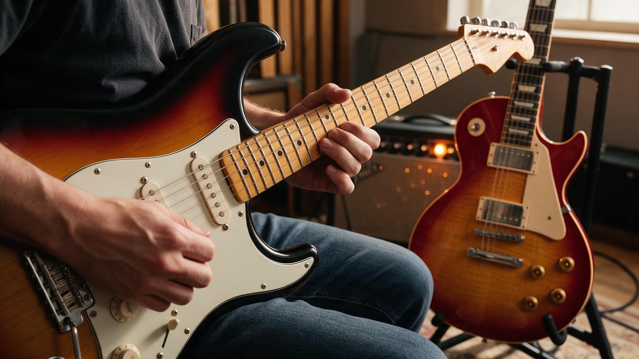 Mains d'un guitariste jouant une guitare type Stratocaster, une guitare type Les Paul posée sur un stand à côté
