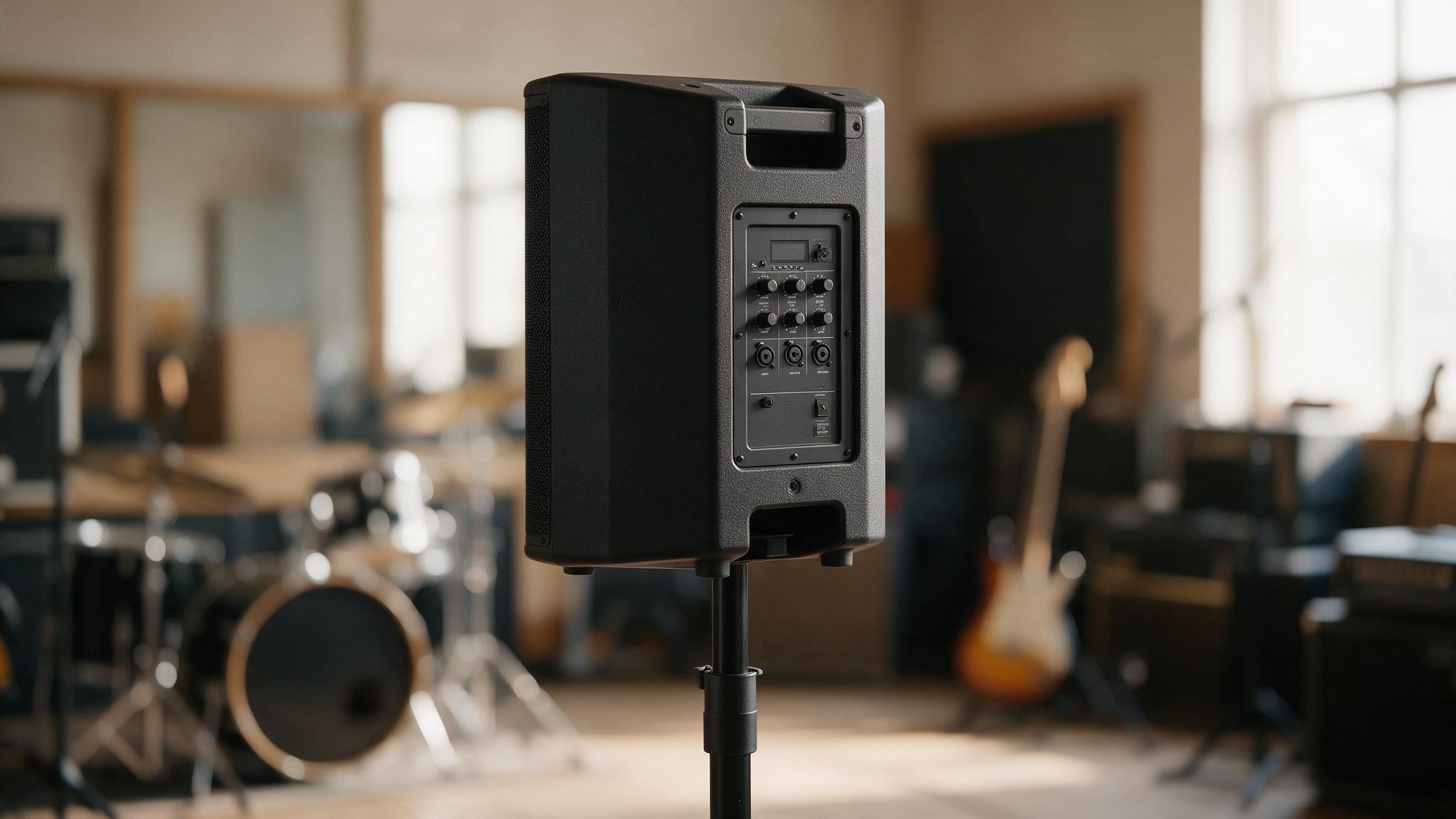 Gros plan sur une enceinte active 12 pouces avec écran numérique et réglages de gain