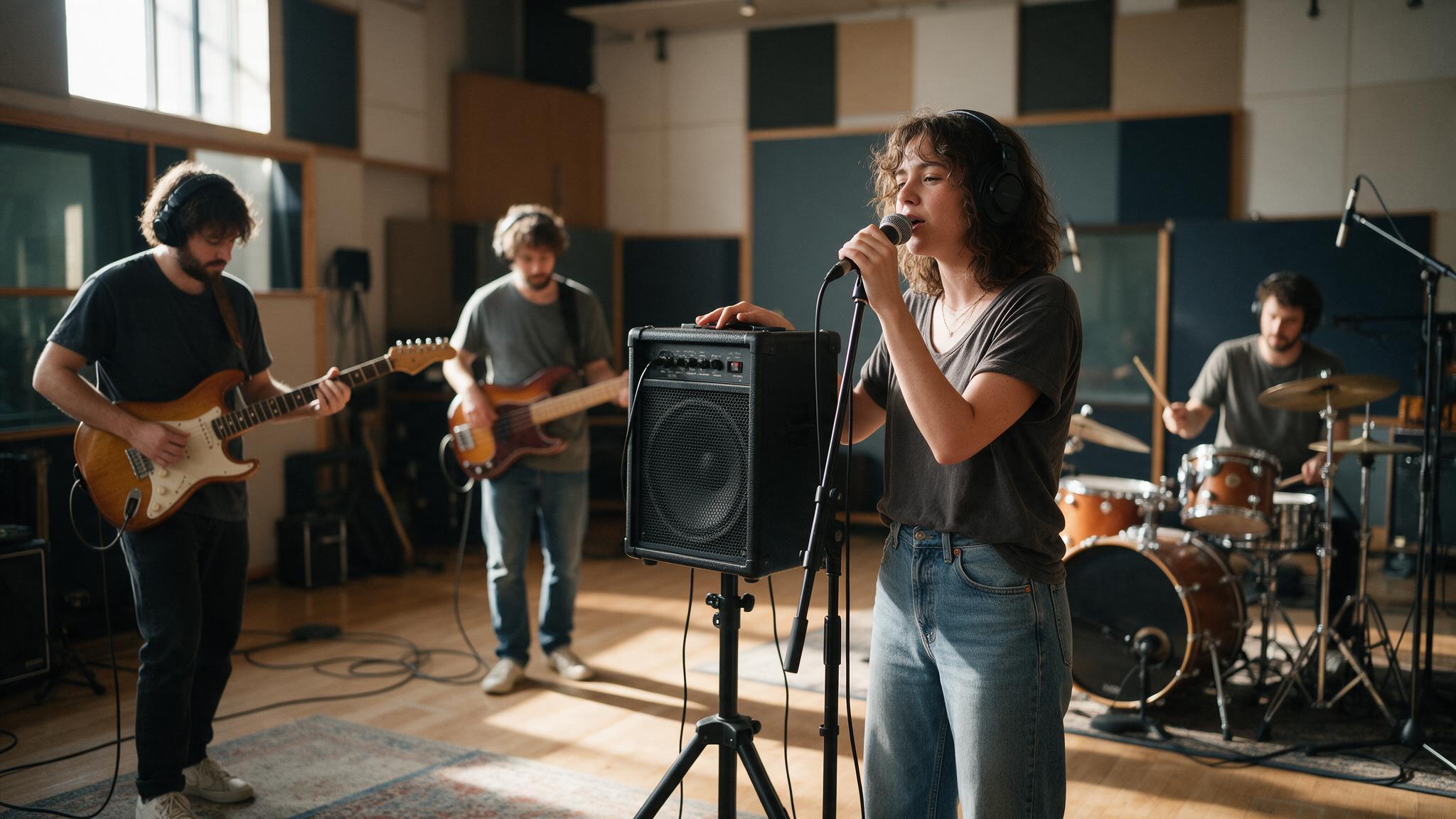 Groupe de quatre musiciens en répétition, chanteur devant une enceinte active sur pied