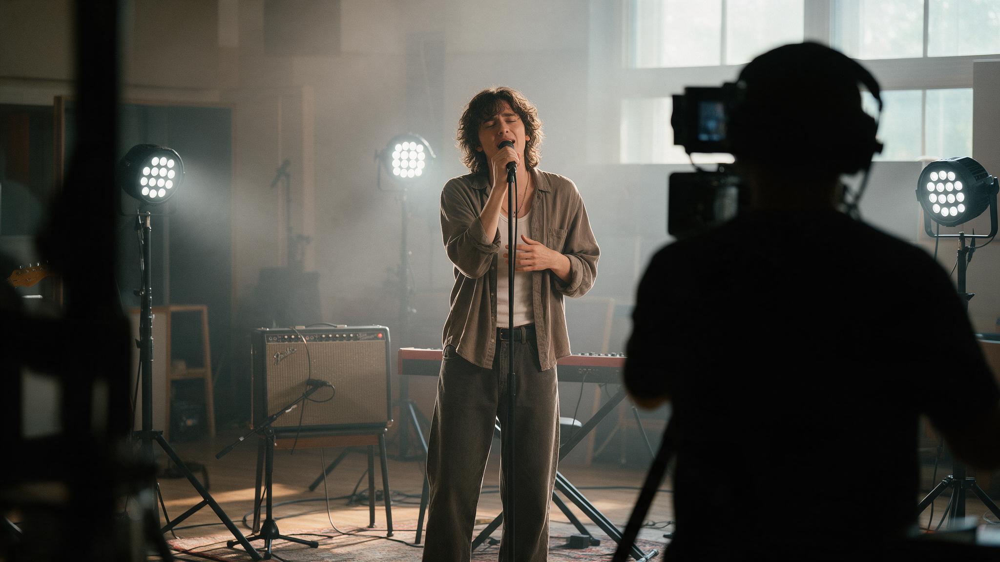 Chanteur filmé en playback devant un ampli à lampes et un clavier de scène, éclairé par des projecteurs LED