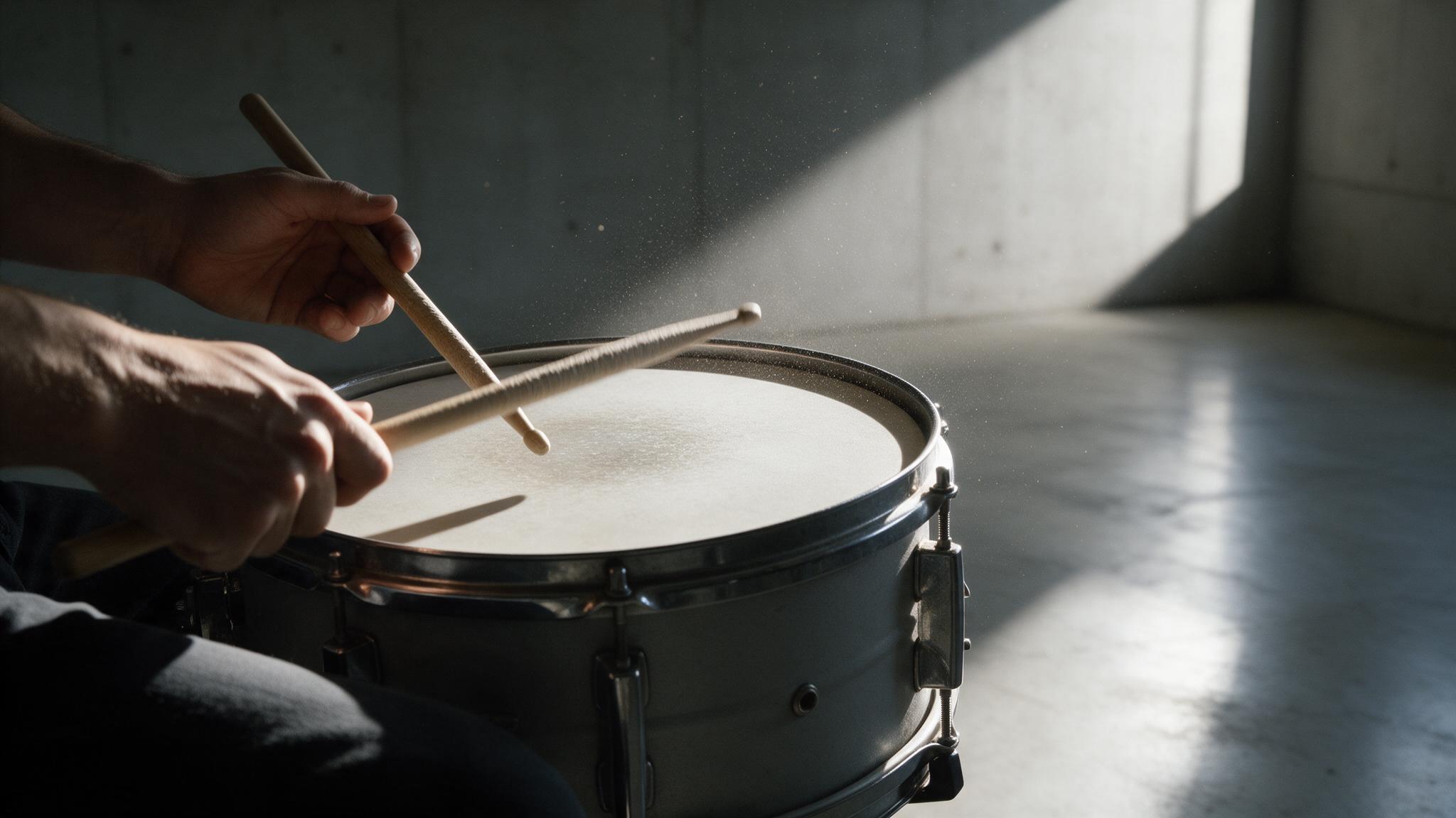 Batteur jouant dans une pièce nue aux murs durs qui réverbère le son
