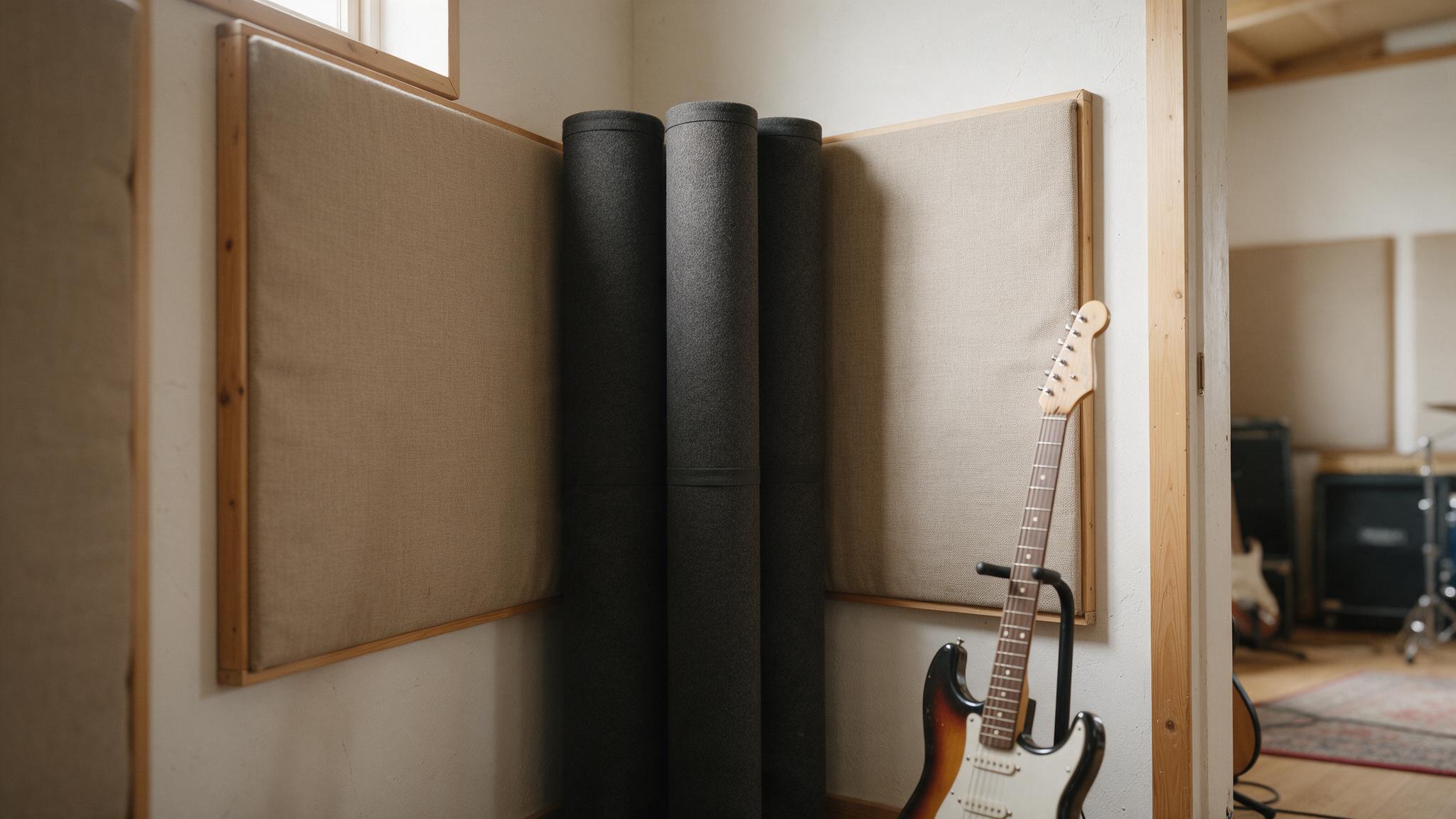 Colonnes de pièges à basses dans l'angle d'un studio à côté de panneaux acoustiques en tissu